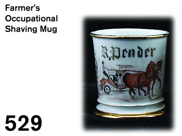Farmer's Occupational Shaving Mug: very nice porcelain mug with polychrome hand painted image of farmer with horse drawn thresher, name in gilt is R. B(?)ender, marked with both Kern barber supply co. and Limoges France emblems on unde