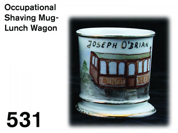 Occupational Shaving Mug-Lunch Wagon: porcelain with hand painted image, name in gilt Joseph O'Brian, Limoges V & D Austria Mark 3.75" t.