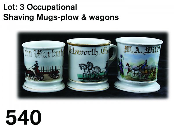 Lot: 3 Occupational Shaving Mugs-plow & wagons: porcelain with polychrome painted and transfer images with gilt,all unmarked- farmer with horse drawn plow (hairline and chip to handle) and 2 stake back wagons, 1 is artist signed (both with repaired