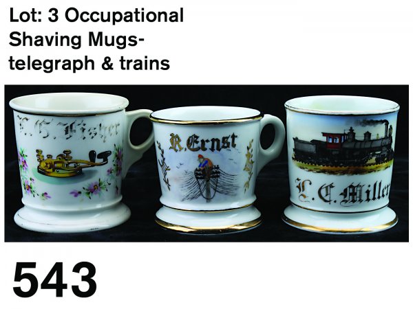 Lot: 3 Occupational Shaving Mugs - telegraph & tra: porcelain with polychrome painted imagery 4-4-0- steam loco, marked 35?? (repaired handle), telegraph marked W.G. & Co. Limoges France and Koken, St. Louis trade mark (heavy gilt loss), and pole climb
