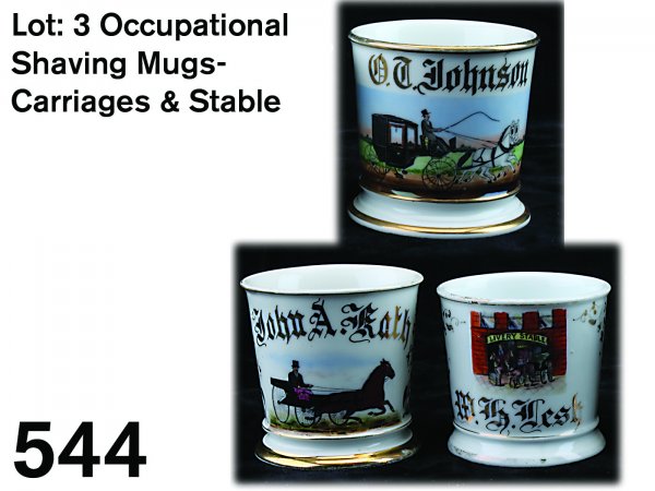Lot: 3 Occupational Shaving Mugs-Carriages & Stabl: porcelain with polychrome painted images, names in gilt and gilt banding on rims and bases - hansom cab with driver, marked T & V Limoges France, 959/L, doctor's carriage, marked W.G. & Co. Limoges Fr
