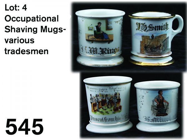 Lot: 4 Occupational Shaving Mugs-various tradesmen: porcelain with painted polychrome images-barkeeper's mug with name in gilt as well as "A present from his wife", blacksmith, artist's mark (complete gilt loss, repaired base), lumber yard, stamped and