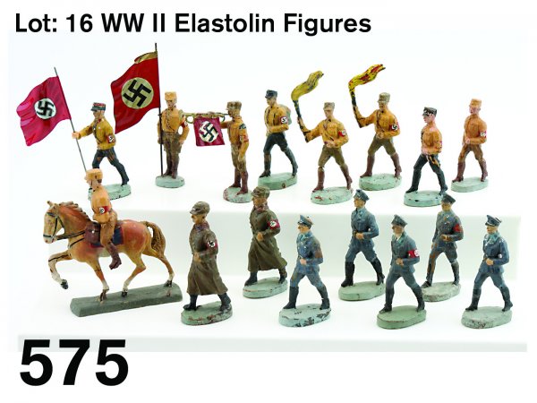 Lot: 16 WW II Elastolin Figures: Lot: 16 WW II Elastolin Figures painted composition figures including 2 RAD officers in long coats, 5 Luftwaffe officers along with 9 members of the Brown Shirts: 2 torch bearers, 1 on horseback, 2 wi