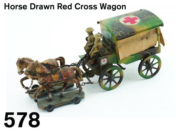 Horse Drawn red Cross Wagon: Horse Drawn red Cross Wagon painted tin wagon with 2 interior bunks and canvas curtains, 2 pc horses and drivers, German made - probably Hausser 9.5" l.