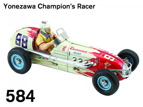 Yonezawa Champion's Racer: Yonezawa Champion's Racer lithographed tin friction powered race car with rubber tires, great styling and colorful lithography, a well above average example with strong color of this classic Indianapo