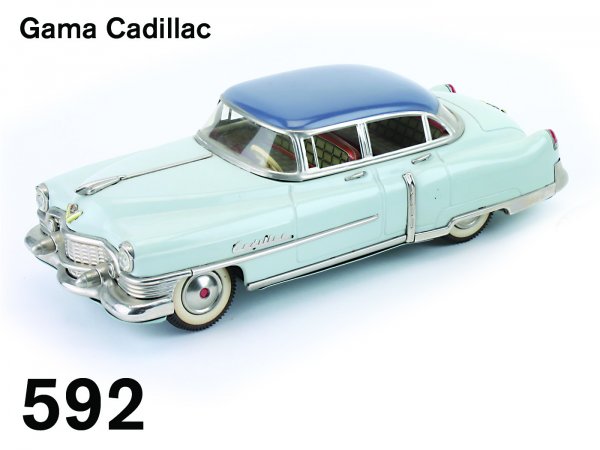 Gama Cadillac: Gama Cadillac West German made friction drive lithographed tin, a great miniature version of a classic American luxury car, an exceptional example in two-tone coloration with colorful lithographed tin