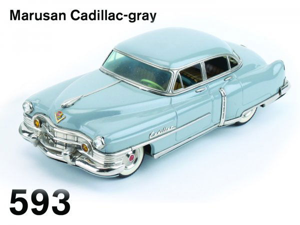 Marusan Cadillac-gray: Marusan Cadillac-gray friction drive lithographed tin, a great miniature version of a classic American luxury car, an exceptional example 12.5" l.