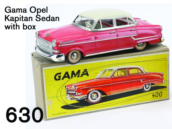 Gama Opel Kapitan Sedan with box: Gama Opel Kapitan Sedan with box German made lithographed tin friction power, a very realistic depiction of this popular German car with detailed interior and proper markings, an exceptional example w