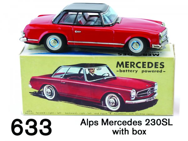 Alps Mercedes 230SL with box: Alps Mercedes 230SL with box Japanese lithographed tin battery powered, ingenious action: car goes forward and reverse, straight or in a figure eight with appropriate flashing rear tail lights dependi