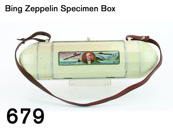 Bing Zeppelin Specimen Box: Bing Zeppelin Specimen Box very unusual painted tin specimen box in the form of a zeppelin decorated with a colorful portrait of Graf Zeppelin and scenes of Lake Constance where the zeppelin was home