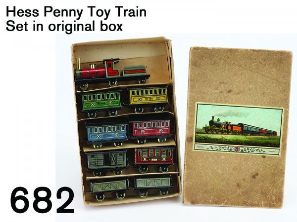 Hess Penny Toy Train Set in original box: Hess Penny Toy Train Set in original box lithographed tin 9 piece freight set in box with colorful paper label box 5.25" x 8.25"