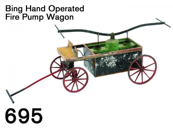 Bing Hand Operated Fire Pump Wagon: Bing Hand Operated Fire Pump Wagon painted tin and steel with cast iron wheels, an early fire toy with"GBN" maker's mark embossed on bottom 17" l. overall