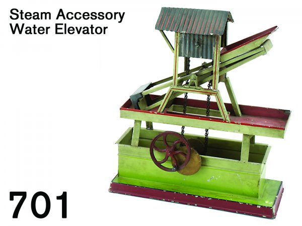 Steam Accessory Water Elevator: Steam Accessory Water Elevator painted embossed tin with corrugated roof and shed sides, unmarked but probably by Plank; buckets on chain lift water that is then dumped into counterweighted trough whi