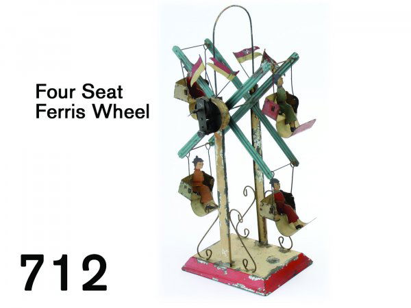 Four Seat Ferris Wheel: Four Seat Ferris Wheel painted tin and wire with clockwork mechanism, unusual form with painted paperboard silhouette passengers, retains 4 original tin banners 14" l.
