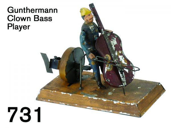 Gunthermann Clown Bass Player: Gunthermann Clown Bass Player painted tin with clockwork, figure bows realistically accompanied by 'plink-plunk' music 6.5" l.
