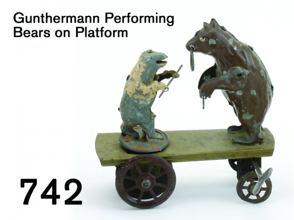 Gunthermann Performing Bears on Platform: Gunthermann Performing Bears on Platform painted tin with clockwork, as toy moves smaller bear revolves 6.5" l.