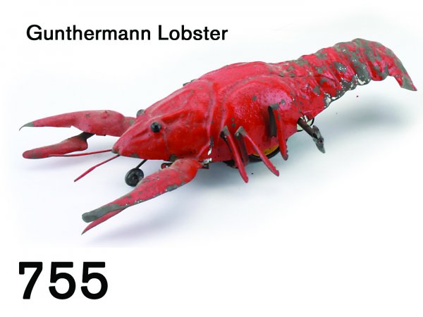 Gunthermann Lobster: Gunthermann Lobster painted tin with clockwork mechanism, wonderful action: lobster moves backwards as claws open and close 8" l.