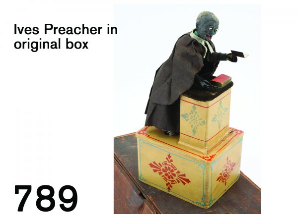 Ives Preacher in original box: Ives Preacher in original box cloth dressed figure of various materials including cast iron feet, composition head, and tin hands; this is certainly the finest example we have seen with all his wonder