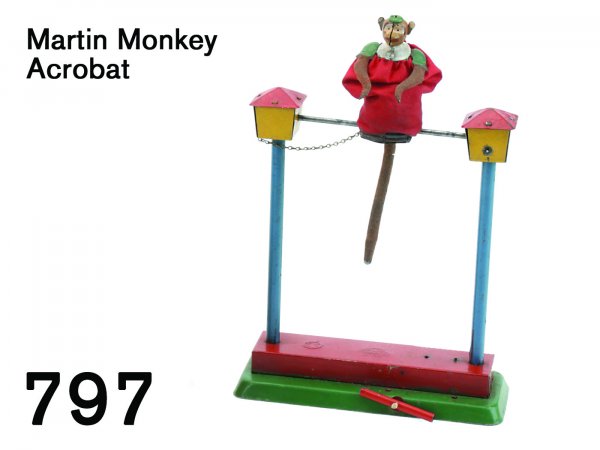 Martin Monkey Acrobat: Martin Monkey Acrobat painted tin and cloth dressed monkey rocks up and down while balancing on rod, a scarce Martin toy - activated by pulling string which spins the rod, an exceptional example 6" w.