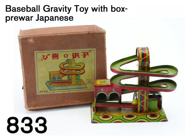 Baseball Gravity Toy with box - prewar Japanese: Baseball Gravity Toy with box - prewar Japanese very colorful lithographed tin typical of pre-WW II Japanese toy manufacture, baseball imagery decorates base, celluloid balls are elevated then roll do