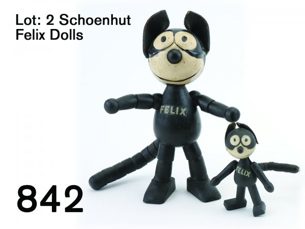 Lot: 2 Schoenhut Felix Dolls: Lot: 2 Schoenhut Felix Dolls painted wood jointed composition figures, both with leather ears and original stickers under feet 4" and 8" t.