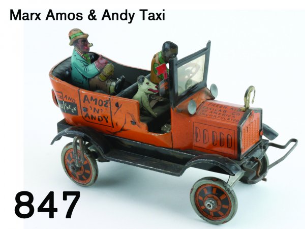 Marx Amos & Andy Taxi: Marx Amos & Andy Taxi lithographed tin, clockwork, "Fresh Air Taxicab Co. of American Incorpolated", a classic American toy based on the biggest hit radio show of the 1920's, an very fine example 8" l