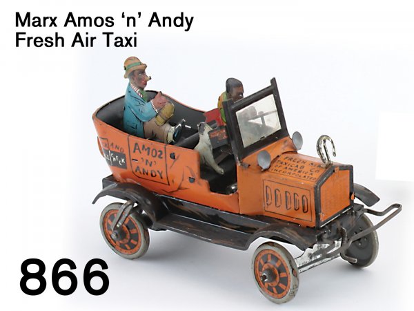 Marx Amos 'n' Andy Fresh Air Taxi: Marx Amos 'n' Andy Fresh Air Taxi lithographed tin, clockwork, "Fresh Air Taxicab Co. of American Incorpolated", a classic American toy based on the biggest hit radio show of the 1920's 8" l.