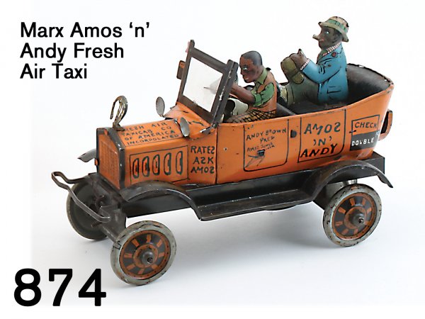 Marx Amos 'n' Andy Fresh Air Taxi: Marx Amos 'n' Andy Fresh Air Taxi lithographed tin, clockwork, "Fresh Air Taxicab Co. of American Incorpolated", a classic American toy based on the biggest hit radio show of the 1920's84 8" l.