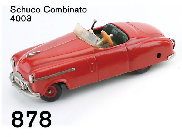 Schuco Combinato 4003: Schuco Combinato 4003 lithographed tin with clockwork motor, typical Schuco ingenuity - 3 forward gears, separate clockwork for horn; made in Western Germany 7.5" l.