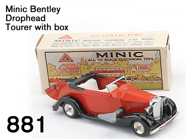 Minic Bentley Drophead Tourer with box: Minic Bentley Drophead Tourer with box lithographed tin with clockwork, original box and key; an exceptional near mint example 5" l.