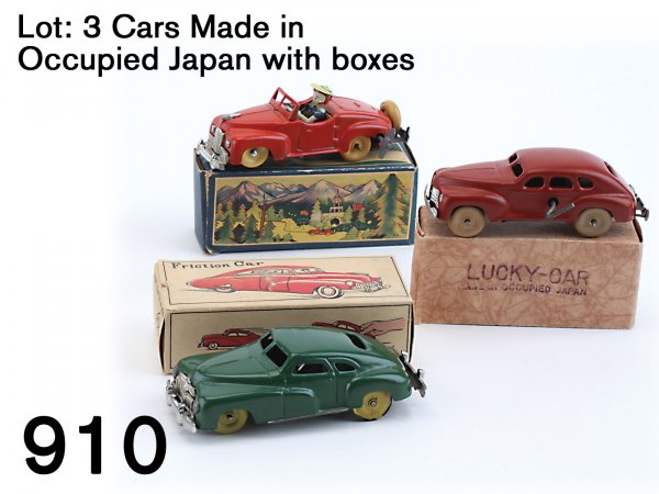 Lot: 3 Cars Made in Occupied Japan with boxes: Lot: 3 Cars Made in Occupied Japan with boxes lithographed tin, 2 clockwork and 1 friction power, includes Showa "X Car" with colorful box, driver figure, and continental rear tire - mystery clockwork
