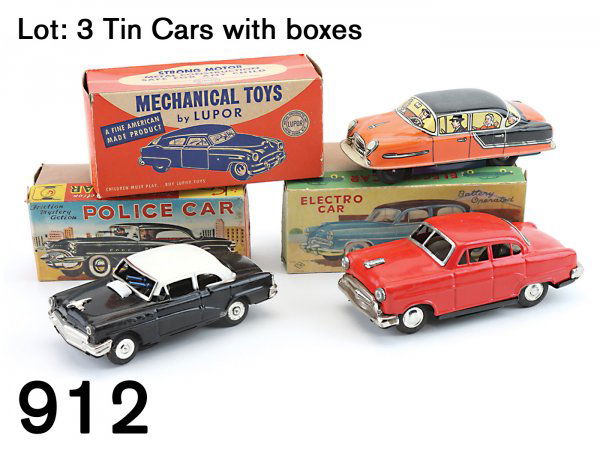 Lot: 3 Tin Cars with boxes: Lot: 3 Tin Cars with boxes painted and lithographed tin grouping includes T.N. battery powered Electro Car, KO crank operated fiction toy and Lupor 1175 mechanical friction car appr. 7.5" l. ea.