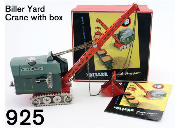 Biller Yard Crane with box: Biller Yard Crane with box lithographed tin clockwork in original colorful box with instruction sheets box appr. 9" square