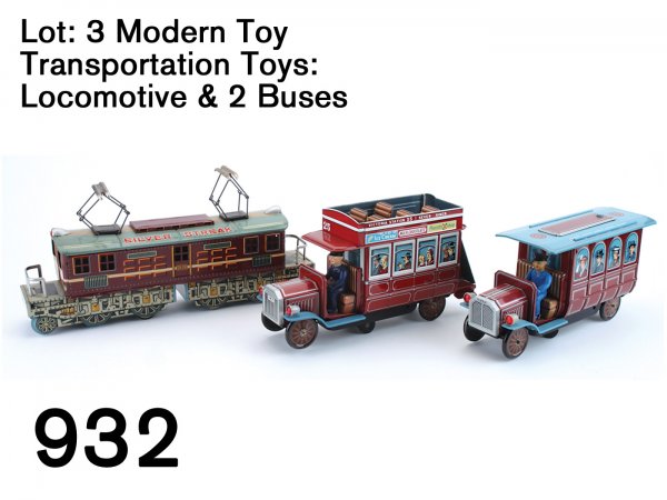 Lot: 3 Modern Toy Transportation Toys: Locomotive: Lot: 3 Modern Toy Transportation Toys: Locomotive & 2 Buses lithographed tin, includes 2 battery operated old fashioned buses along with a friction powered 'Silver Streak" electric locomotive loco 17.