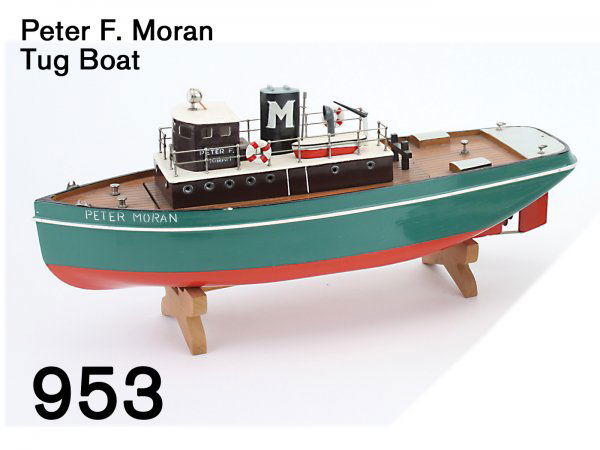 Peter F. Moran Tug Boat: Peter F. Moran Tug Boat Japanese made painted wood battery operated boat, stenciled lettering on hull and cabin, stern lettered "Peter Moran - New York", fittings include painted wood rudder, life rin