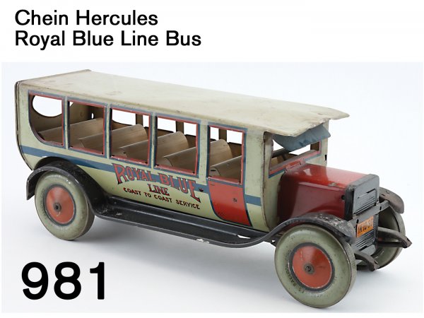 Chein Hercules Royal Blue Line Bus: Chein Hercules Royal Blue Line Bus lithographed tin floor toy, great scale, tires marked "Hercules Balloon Cord" 18" l.