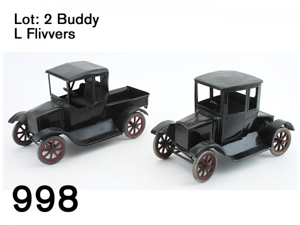 Lot: 2 Buddy L Flivvers: Lot: 2 Buddy L Flivvers painted pressed steel, includes a nice example of the roadster pickup truck with original decal and a flat top coupe 11" and 12" l.
