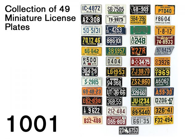 Collection of 49 Miniature License Plates: Collection of 49 Miniature License Plates embossed lithographed tin, they realistically depict American state plates from 1953, there were a breakfast cereal giveaways from 1953 - thus no Hawaii most 