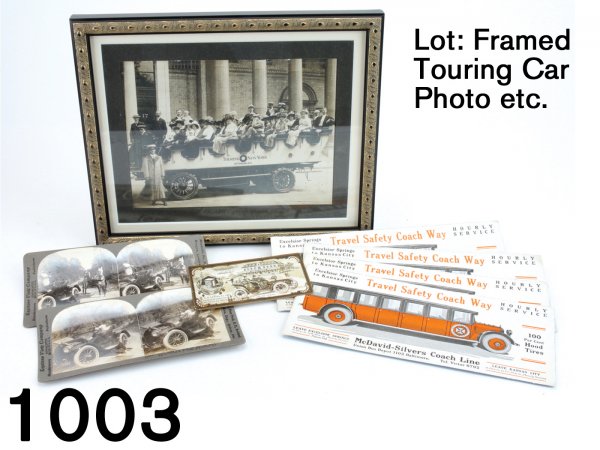 Lot: Framed Touring Car Photo etc.: Lot: Framed Touring Car Photo etc. sepia toned New York Automobiles Touring car filled with passengers, 4 McDavid-Silvers Coach Line Add Cards, 2 stereo-graph cards and Ideal Coco trade card with tour