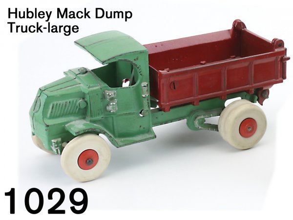 Hubley Mack Dump Truck-large: Hubley Mack Dump Truck-large painted cast iron with rubber tired wheels, large scale truck with dual rear wheels 10.5" l.