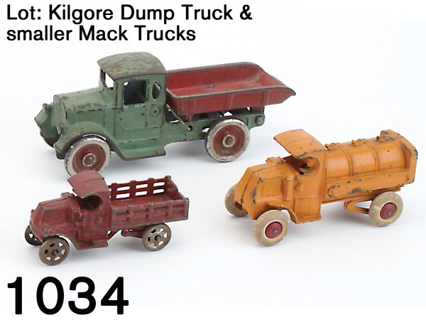 Lot: Kilgore Dump Truck & smaller Mack Trucks: Lot: Kilgore Dump Truck & smaller Mack Trucks painted cast iron, dump has painted nickel plated wheels, along with 2 smaller Mack trucks: Hubley gasoline and Williams express truck 8.5" t., larger pum