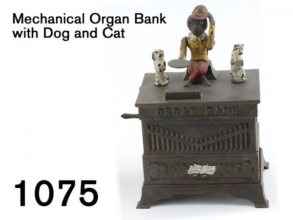 Mechanical Organ Bank with Dog and Cat: Mechanical Organ Bank with Dog and Cat painted cast iron by Kyser & Rex 7.5" t.