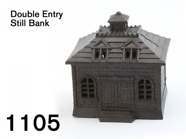 Double Entry Still Bank: Double Entry Still Bank painted cast iron, modern example with double front doors and 2 rear windows by John Wright 5.5" w. x 5.75" t.