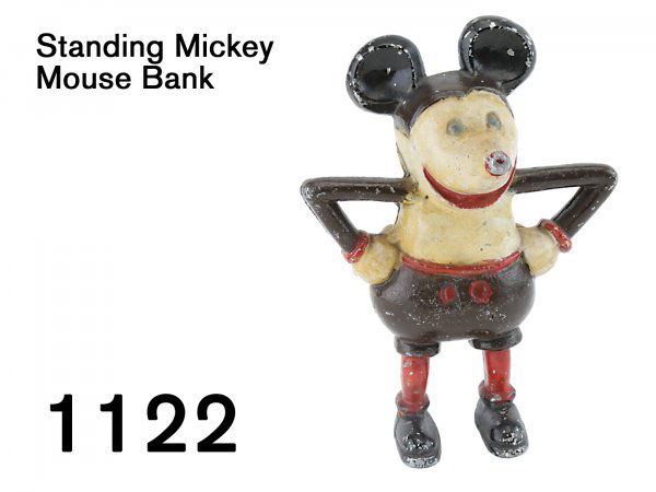 Standing Mickey Mouse Bank: Standing Mickey Mouse Bank painted cast aluminum, thought to be of French manufacture circa 1930 8.25" t.
