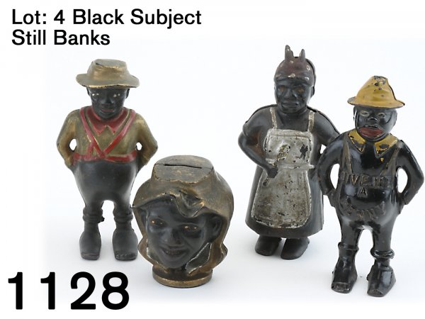 Lot: 4 Black Subject Still Banks: Lot: 4 Black Subject Still Banks painted cast iron grouping includes 3 A.C. Williams banks-two face Negro boy, Aunt Jemima (aka Mammy with spoon) and sharecropper and Give me a penny(screw version) by