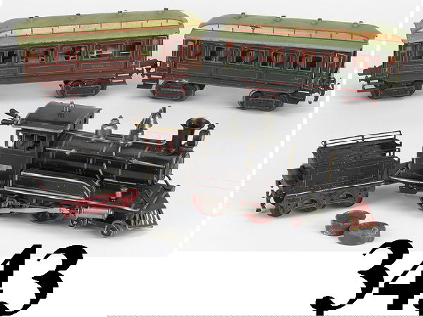 Marklin Gauge I Live Steam Passenger Set: Marklin Gauge I Live Steam Passenger Set hand enameled and highly detailed American profile 4-4-0 engine shows very little usage, 6 wheel tender with sand painted coal load (some denting to deck) and