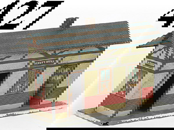 Ives #114 Station - Ticket Offfice: Ives #114 Station - Ticket Offfice very detailed lithographed tin sides and roof, painted tin base, stationary partially open doors 12" w. x 7" t. good to very good (heavy and serious paint flaking to