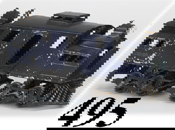 Voltamp #2210 Royal Blue Suburban: Voltamp #2210 Royal Blue Suburban painted tin American electric ouline electric powered 0-4-4-0 Gauge II engine 15" l. good (heavy/serious paint flaking) 15" l.