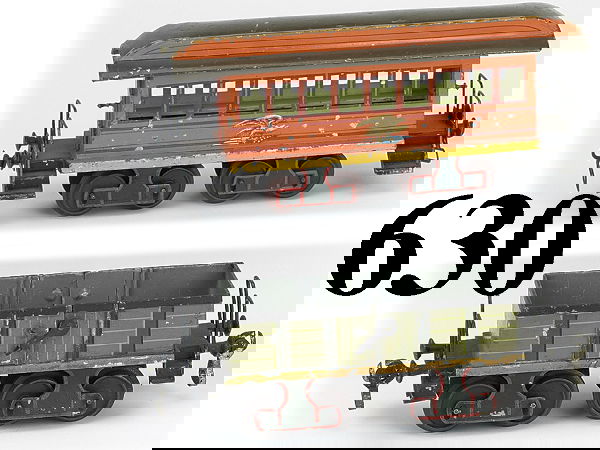 Lot: 2 Marklin Guage 1 Cars - passenger & open goo: Lot: 2 Marklin Guage 1 Cars - passenger & open goods painted tin cars with 4 cast iron wheel trucks: 'American Eagle' coach with hinged roof and bench seats (paint chipping and wear but decals intact)