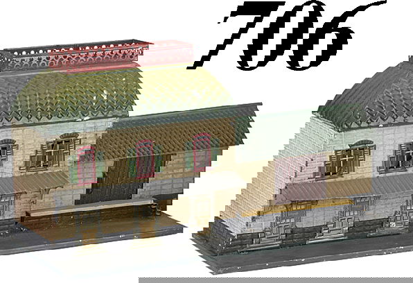 Bing Station with Freight Shed: Bing Station with Freight Shed embossed painted tin candlelite station with lithographed tin windows and doors, attached shed with sliding door and loading deck 14.25" l. x 8" t. very good (top of roo